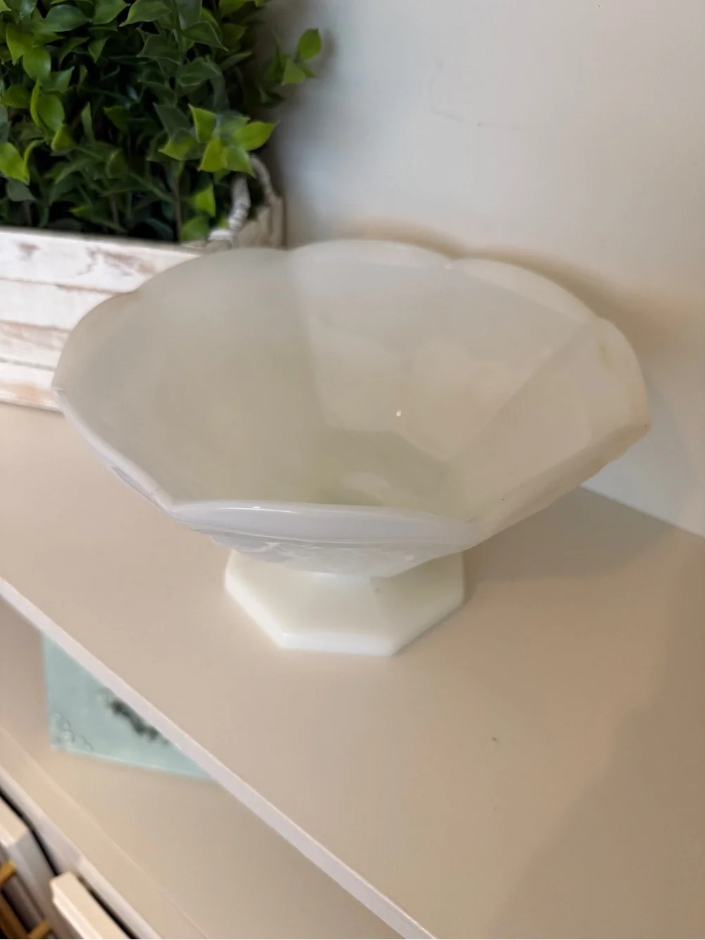 Vintage Milk Glass Paneled Grape Pedestal Compote Bowl Scalloped Rim